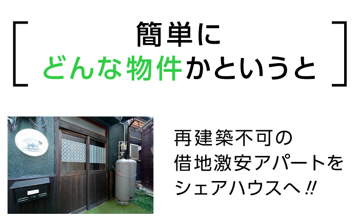 簡単にどんな物件かというと・再建築不可の借地激安アパートをシェアハウスへ